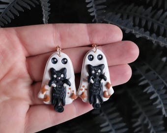 Spooky Cute Black Cat Ghost Celestial Earrings| Dark Cottagecore Halloween Dangle Black Kitten Dangles| Spooky Gothic Ghostcore Nature Gifts