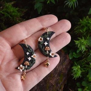 Mystical Moon Mushroom Floral Gold Star Clay Earrings| Dark Cottagecore Forest Witchy Gothic Dangle Earrings, Unique Celestial Fall Gift