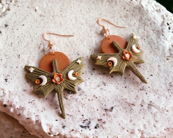 Cottagecore Dragon Polymer Clay Earrings | Sun Moon Floral Fantasy Earrings | Mystical Dragon Jewelry | Book Lover Gift for Her