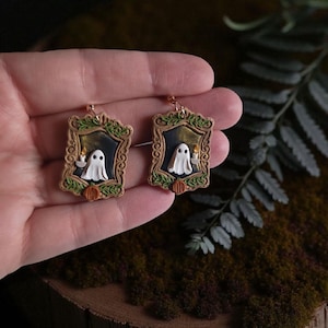 Enchanted Gold Pumpkin Clay Ghost Earrings| Witchy Dark Cottagecore Halloween Candle Frame Dangle  Earring| Unique Spooky Gothic Nature Gift