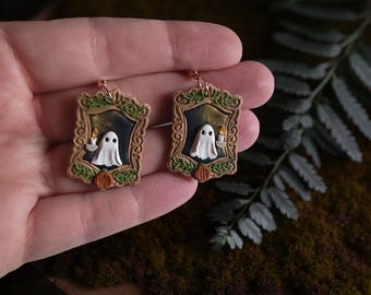 Enchanted Gold Pumpkin Clay Ghost Earrings| Witchy Dark Cottagecore Halloween Candle Frame Dangle  Earring| Unique Spooky Gothic Nature Gift