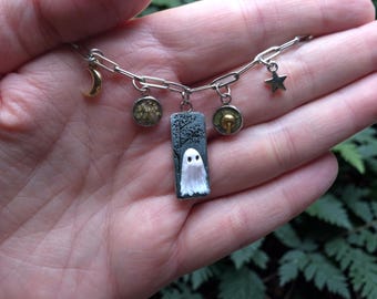 Charm Necklace | Forest Ghost Mushroom & Moon Dried Flower Charm Jewelry | Witchy Polymer Clay