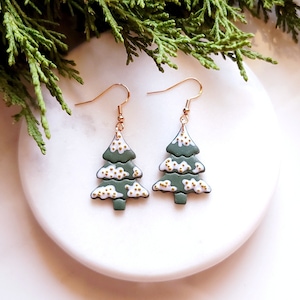 Gold Christmas Tree Clay Dangle Earrings| Festive Holiday Snowy Tree Winter Earrings Handmade Advent Stocking Stuffer Gift