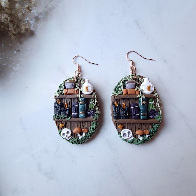 Mystical Skull Dark Cottagecore Witchy Moon Apothecary Bookshelf Earrings, Haunted Mushroom Unique Gothic Polymer Clay Book Lovers Dangles bild 6
