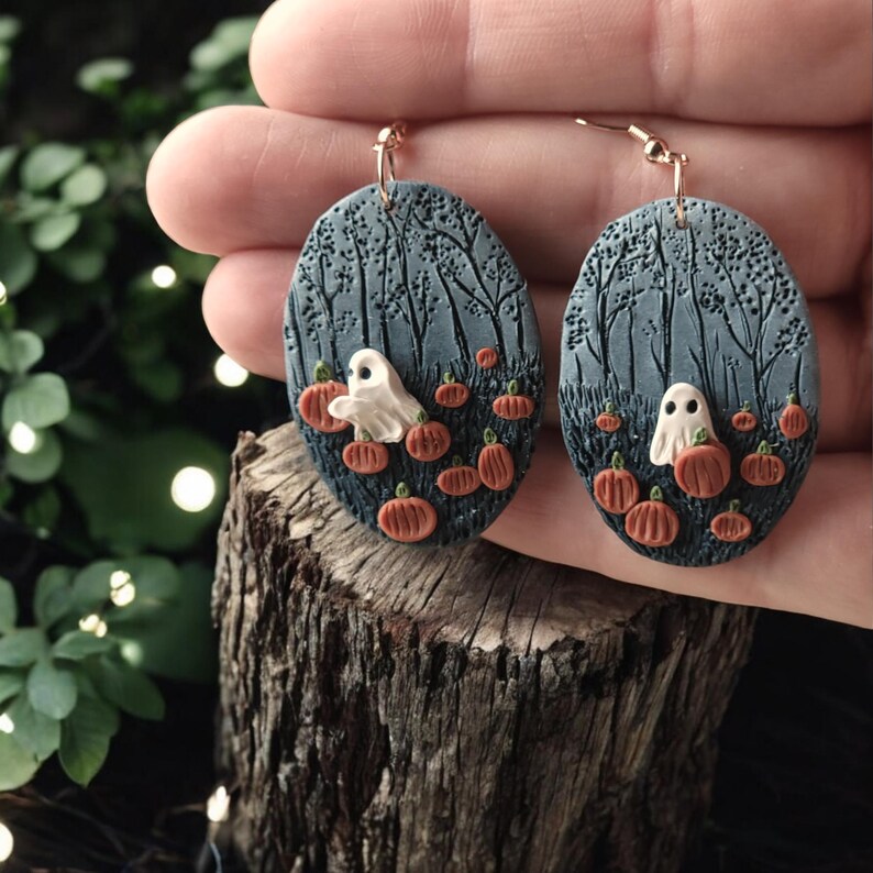 Enchanted Pumpkin Forest Ghost Earrings| Witchy Dark Cottagecore Halloween Dangle Pumpkin Earrings| Spooky Gothic Nature Boho Fall Gifts image 4