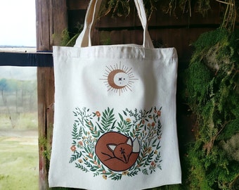 Cottagecore Fox Floral Tote Bag: Reusable Farmers Market Bag
