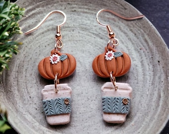 Fall Pumpkin Daisy Latte Earrings, Cozy Knitted Sweater Aesthetic Mini Coffee Cup Earrings, Polymer Clay Textured Coffee Dangle Earrings