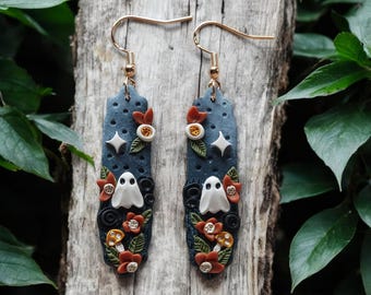 Clay Ghost Floral Mushroom Moon Earrings| Witchy Gothic Boho Celestial Mushroom Spooky Ghost| Halloween Clay Dangle Fall Gift For Her