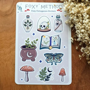 Sticker Sheet- Journal Planner Stickers Green Witch Cottagecore Mushroom Skull Apothecary Floral Stickers Calendar Scrapbooking Cozy Art