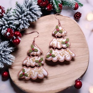 Christmas Tree Gingerbread Polymer Clay Earrings | Holly Berry Gold Dangle Earrings | Festive Statement Holiday Gift for Her