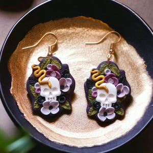 Dark cottagecore Snake Skull Floral Witchy Garden earrings| Unique Pastel Gothic Polymer Clay Skull floral Dangle Snake Dia de Muertos