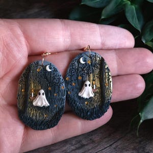 Enchanted Gold Forest Clay Ghost Earrings| Witchy Dark Cottagecore Halloween Candle Ghost Dangle  Earrings| Unique Spooky Gothic Nature Gift
