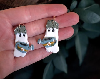 Spring Garden Frog Ghost Polymer Clay Earrings| Handmade Witchy Cottagecore Botanical Hypoallergenic Dangles| Gothic Nature Boho Gift
