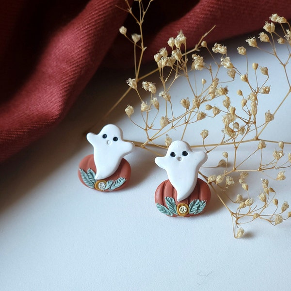 Miniature Clay Ghost Pumpkin Stud Earrings, Halloween Party Accessory, Dainty Autumn Fall Spooky Post Earrings, Hypoallergenic Jewelry