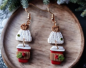 Winter Coffee Cup Polymer Clay Earrings | Holly Berry Latte Dangle Earrings | Tiny Food Cozy Sweater Aesthetic Jewelry | Coffee Lover Gift