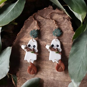 Cute Pumpkin Ghost Clay Camping Earrings for Fall| Cottagecore Halloween Dangle Pumpkin Autumn Earrings| Spooky Nature Boho Gifts for Her