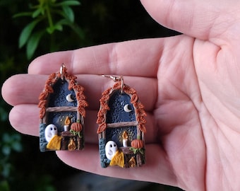 Cozy Fall Ghost Fireplace Pumpkin Clay Earrings: Witchy Dark Cottagecore Halloween Dangle Earrings| Spooky Cute Gothic Ghost Polymer Clay
