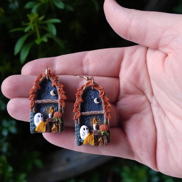 Cozy Fall Ghost Fireplace Pumpkin Clay Earrings: Witchy Dark Cottagecore Halloween Dangle Earrings| Spooky Cute Gothic Ghost Polymer Clay