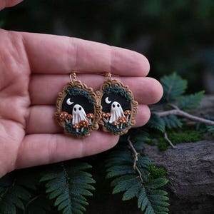 Enchanted Mushroom Forest Clay Ghost Earrings| Witchy Dark Cottagecore Halloween Ghost Dangle  Earrings| Unique Spooky Gothic Nature Gift