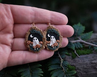 Enchanted Mushroom Forest Clay Ghost Earrings| Witchy Dark Cottagecore Halloween Ghost Dangle  Earrings| Unique Spooky Gothic Nature Gift