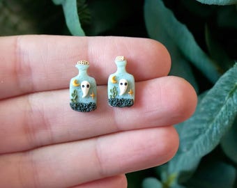 Cute Ghost in a Bottle Clay Stud Earrings| Celestial Apothecary Witchy Stud Earrings Quirky| Small Halloween Ghost Moon Studs Gift for Fall
