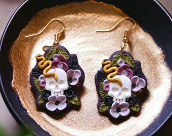 Dark cottagecore Snake Skull Floral Witchy Garden earrings| Unique Pastel Gothic Polymer Clay Skull floral Dangle Snake Dia de Muertos