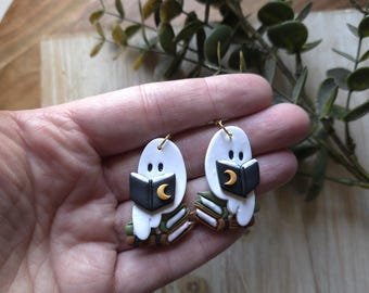 Bookish Ghost Earrings | Reading Ghost & Book Lover Jewelry | Handmade Polymer Clay Dangles