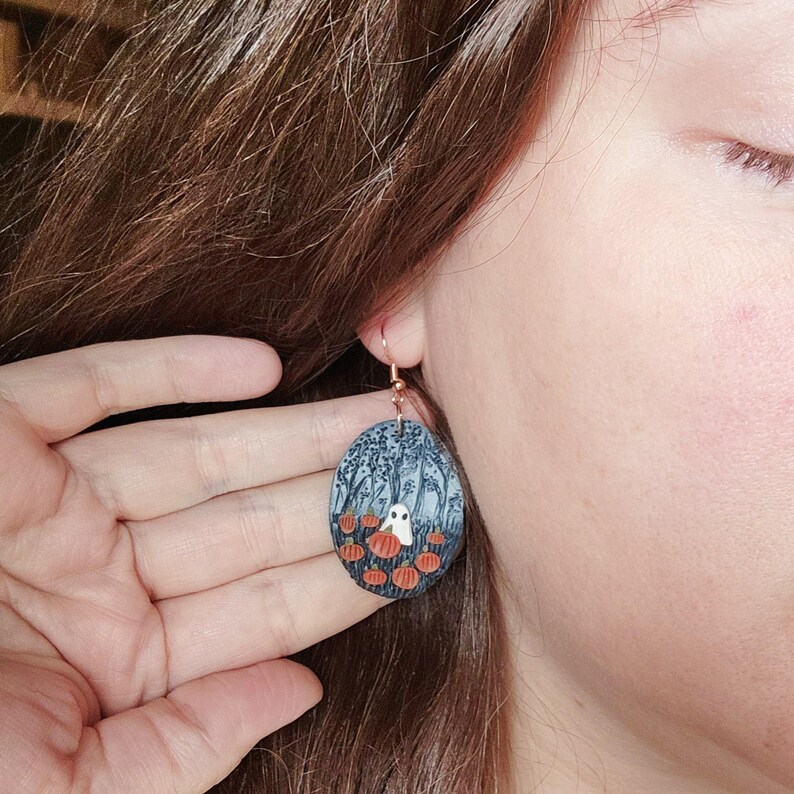 Enchanted Pumpkin Forest Ghost Earrings| Witchy Dark Cottagecore Halloween Dangle Pumpkin Earrings| Spooky Gothic Nature Boho Fall Gifts image 3