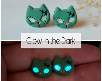 Spooky Zombie Cat Halloween Stud Earrings, Glow In The Dark Gothic Cat Earring