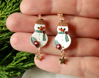 Festive Holiday Gold Star Snowman Clay Earrings, Handmade Snow & Winter Holiday Earrings Advent Gift for Her, Snowman Stocking Stuffer Gift