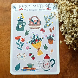 Sticker Sheet- Cozy Cottagecore Journal Planner Whimsy Floral Mushroom Tea Time Stickers Scapbooking Cottagecore Lifestyle Sticker Sheet
