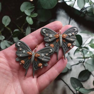 Luna Moth Mushroom Moon Phase Floral Dangle Clay Earrings| Dark Cottagecore Forest Witchy Gothic Dangle Earrings, Unique Celestial Fall Gift