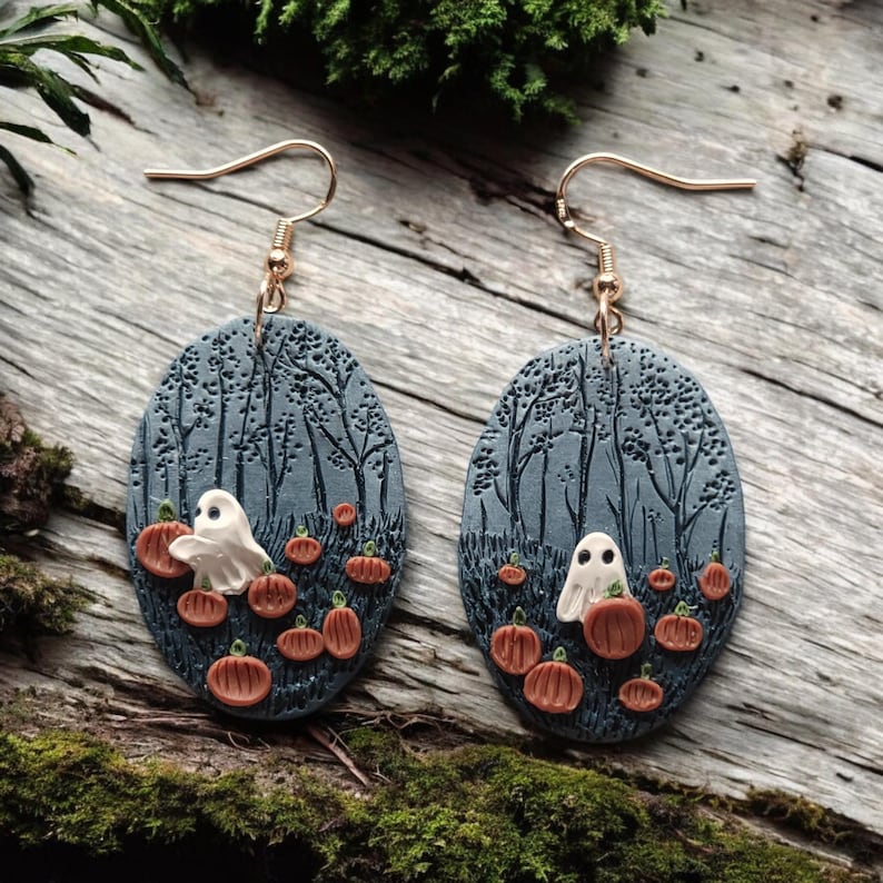 Enchanted Pumpkin Forest Ghost Earrings| Witchy Dark Cottagecore Halloween Dangle Pumpkin Earrings| Spooky Gothic Nature Boho Fall Gifts image 1