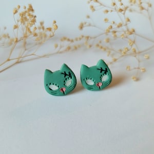 Spooky Zombie Cat Halloween Stud Earrings, Glow In The Dark Gothic Cat Earring