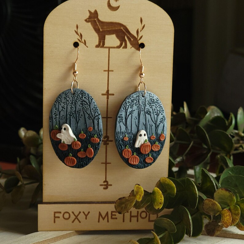 Enchanted Pumpkin Forest Ghost Earrings| Witchy Dark Cottagecore Halloween Dangle Pumpkin Earrings| Spooky Gothic Nature Boho Fall Gifts image 2