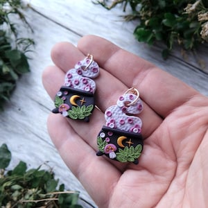 Polymer Clay Mushroom Flowers Moon Cauldron Earrings | Dark Cottagecore Witchy Moon Spells Mushroom Unique Gothic Polymer Clay Jewelry