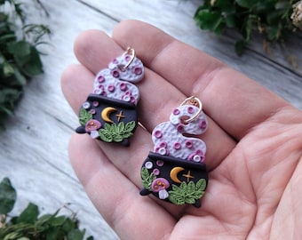 Polymer Clay Mushroom Flowers Moon Cauldron Earrings | Dark Cottagecore Witchy Moon Spells Mushroom Unique Gothic Polymer Clay Jewelry
