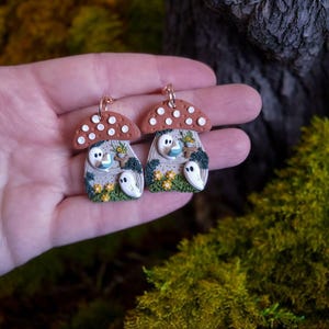 Cute Mushroom Ghost Forest Spring Clay Earrings| Spooky Mossy Floral Polymer Clay Earrings| Witchy Dark Cottagecore Gothic Nature Boho Gift