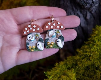 Cute Mushroom Ghost Forest Spring Clay Earrings| Spooky Mossy Floral Polymer Clay Earrings| Witchy Dark Cottagecore Gothic Nature Boho Gift