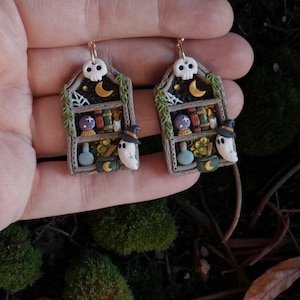 Witchy Ghost Apothecary Pumpkin Bookshelf Clay Earrings: Dark Cottagecore Halloween Dangle Earrings| Spooky Cute Gothic Ghost Polymer Clay