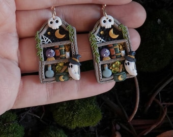Witchy Ghost Apothecary Pumpkin Bookshelf Clay Earrings: Dark Cottagecore Halloween Dangle Earrings| Spooky Cute Gothic Ghost Polymer Clay