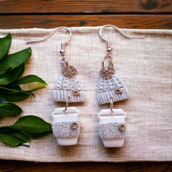 Fall Coffee Cup Earrings, Cozy Knitted Sweater Aesthetic Latte Earrings, Polymer Clay Textured Coffee Earrings, Back To School Teacher Gift