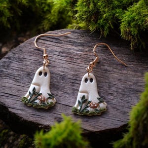 Clay Ghost Floral Mushroom Forest  Handmade Earrings| Witchy Gothic Boho Mushroom Spooky Ghost| Halloween Clay Dangle Fall Gift For Her