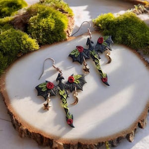 Celestial Dragon Floral Polymer Clay Dangle Earrings| Gothic Fantasy Cosplay Earrings| Black Gold Moon Dragon Bookish Gift for Book Lover