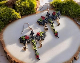 Celestial Dragon Floral Polymer Clay Dangle Earrings| Gothic Fantasy Cosplay Earrings| Black Gold Moon Dragon Bookish Gift for Book Lover