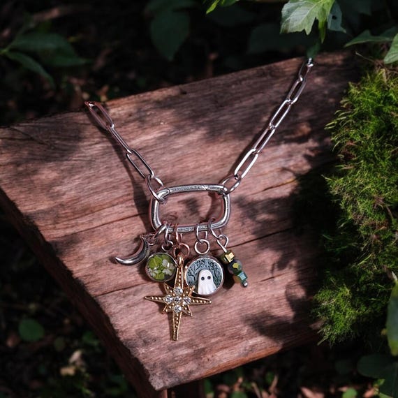 Carabiner Charm Dainty Necklace| Gothic Forest Witch Ghost Celestial Necklace| Handmade Moon Polymer Clay Stainless Necklace Real Flowers