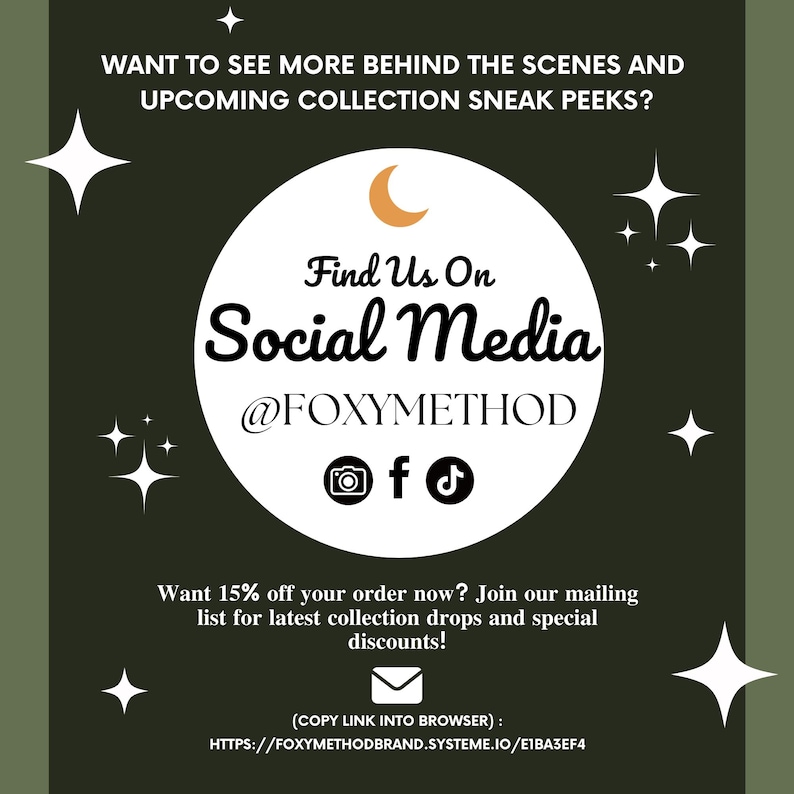 May include: Dark green promotional graphic with white text and starburst accents. The text reads "Find Us On Social Media @FOXYMETHOD" with social media icons. The graphic also includes a call to action for discounts.