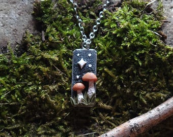 Celestial Mushroom Cottagecore Polymer Clay Pendant necklace, Fairycore Nature Inspired Fungi Jewelry,  Whimsical Green Witch Gifts for Her