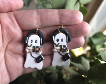 Book Lover Ghost Earrings | Bookish Reading & Iced Coffee Jewelry | Handmade Polymer Clay Dangles