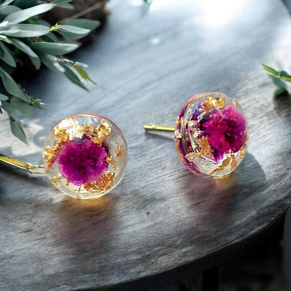 Pendientes de resina con flores secas prensadas reales, regalo de boda botánico para ella, regalo natural único para el Día de la Madre